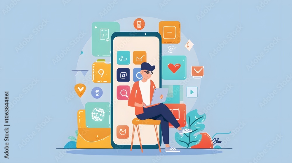 Fototapeta premium Young Man Using Smartphone with Colorful App Icons on Screen
