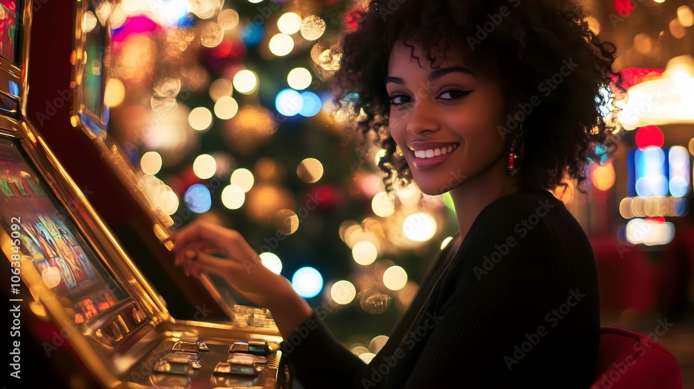 Beautiful young african-american woman enjoys a night out playing a slot machine at a casino, Christmas tree is visible inthe background.