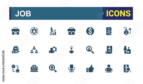Job icons. Includes solid icons for recruitment, worker, team, job, meeting, work, person, contract. Collection for mobile and web apps. Vector filled icons Collection.