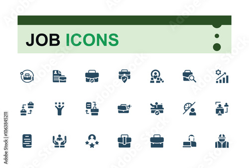 Job icons. Includes solid icons for recruitment, worker, team, job, meeting, work, person, contract. Collection for mobile and web apps. Vector filled icons Collection.