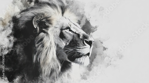 A majestic lion portrait rendered in black and white with an artistic watercolor effect. photo