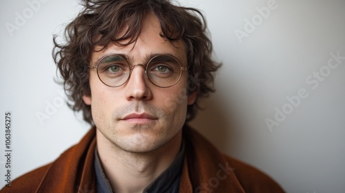 A young man with curly hair and glasses showcases a thoughtful expression indoors