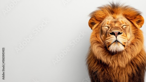 A majestic lion with closed eyes, exuding both strength and tranquility. Its golden mane and calm expression symbolize power, peace, and the beauty of nature. photo