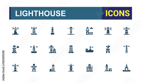 Lighthouse solid icon collections. Contains such icons as direction, marine, house, port, wave, sailor and more. Flat filled style icons. Editable vector illustration.