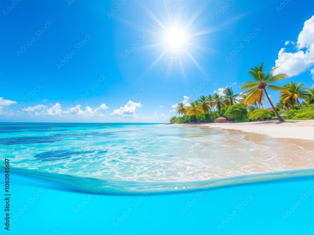 Fototapeta premium A vibrant and colorful beach scene with umbrellas, lounge chairs, and crystal clear turquoise water under a bright blue sky, paradise, water