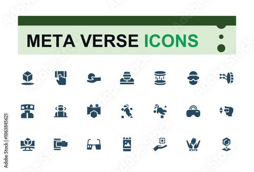 Meta Verse icons in solid style. Containing innovation, technology, futuristic, global, digital, network, reality and more. Filled icons pack. Editable vector illustration.