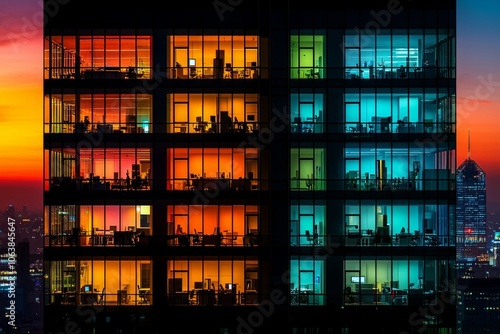 silhouette contemporary office building reveals colorful lights indicating active employees work as dusk transitions sky hues orange and blue.