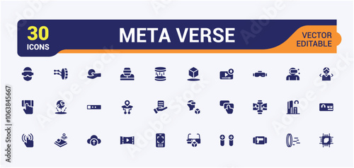 Meta Verse flat solid icon set. Contains related to cyber, digital, graphic, 3d, interface, lifestyle, reality, meta. Minimalistic web and UI icons.