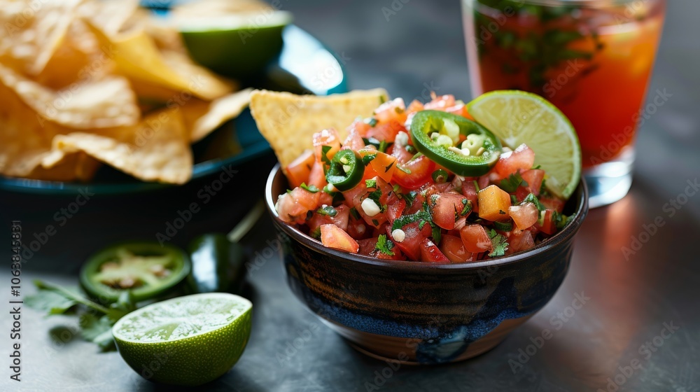 A bowl of vibrant salsa topped with jalapeños, lime, and tortilla chips, set against a sleek background, promises a tangy and spicy culinary delight. A bowl of vibrant salsa topped with jalapeños, lime, and tortilla chips, set against a sleek background, promises a tangy and spicy culinary delight.