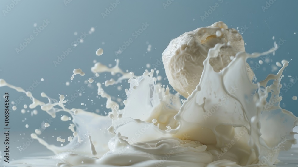 Fototapeta premium A dynamo of milk splashes around a falling dairy mound, capturing a moment of freshness and fluid grace.