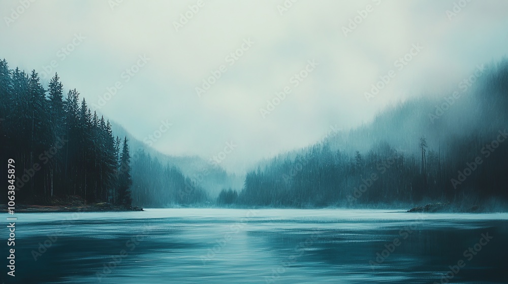 Fototapeta premium Misty pine forest landscape with lake at dawn.