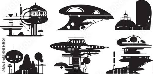 Set futuristic houses. Hand drawn vector illustration	