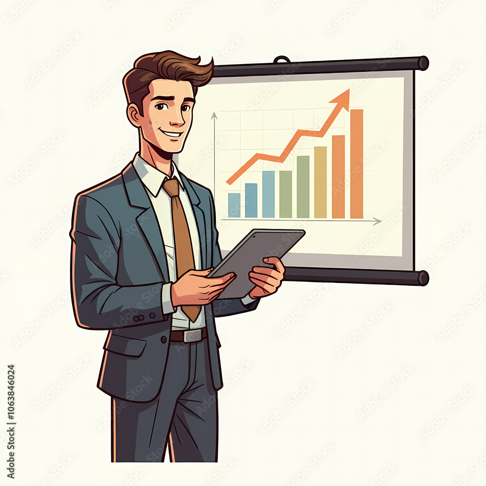 A businessman business executive man giving a business presentation with growth chart graph holding tablet A businessman business executive man giving a business presentation with growth chart graph holding tablet