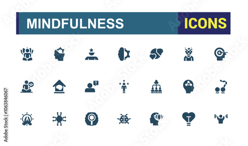 Mindfulness icons. Includes flat solid head, care, relax, anxiety, psychology, mental, health. Minimalistic web and UI icons. Vector illustration.