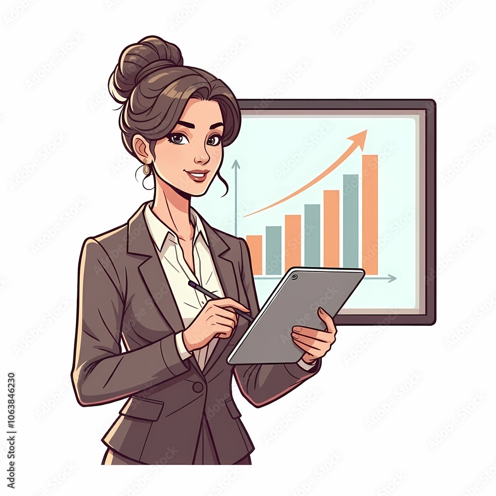 A businesswoman business executive woman giving a business presentation with growth chart graph holding tablet
