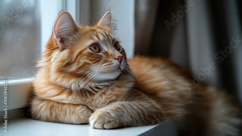 A relaxed ginger cat rests on a windowsill, basking in warm afternoon sunlight