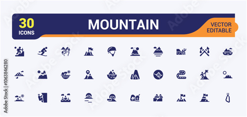 Mountain flat solid icon set. Featuring graphic, rock, hill, art, climb, mountains, adventure, climbing. Filled icon collections. Editable vector illustration.
