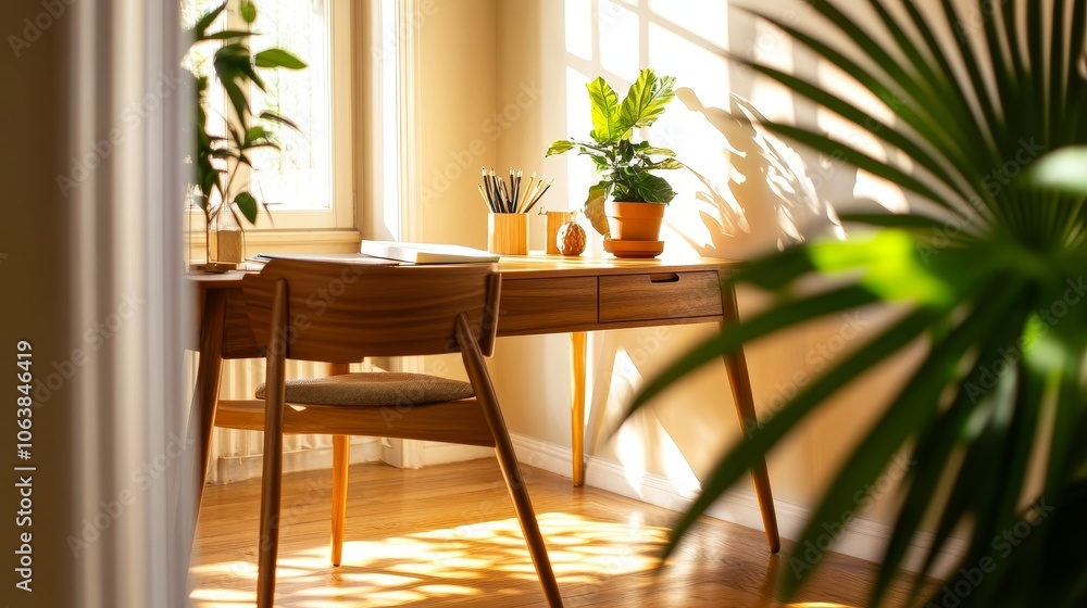 A minimalist home office with a wooden desk, chair, and natural light streaming in from a window. The space is decorated with plants, adding a touch of nature and serenity. A minimalist home office with a wooden desk, chair, and natural light streaming in from a window. The space is decorated with plants, adding a touch of nature and serenity.