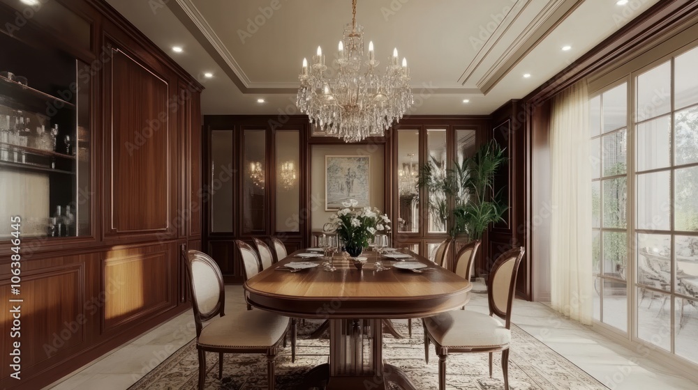 Elegant dining room with a large wooden table, chairs, and a crystal chandelier. Elegant dining room with a large wooden table, chairs, and a crystal chandelier.