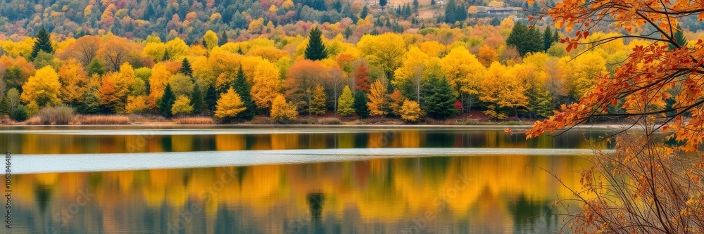 A tranquil scene of colorful autumn leaves reflected in a calm lake, capturing the essence of the fall season, red, peaceful A tranquil scene of colorful autumn leaves reflected in a calm lake, capturing the essence of the fall season, red, peaceful