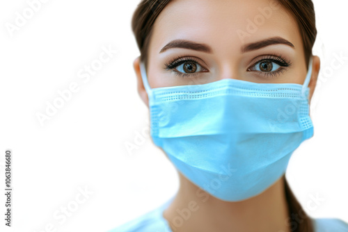 Close-up of a female healthcare worker wearing a medical face mask.