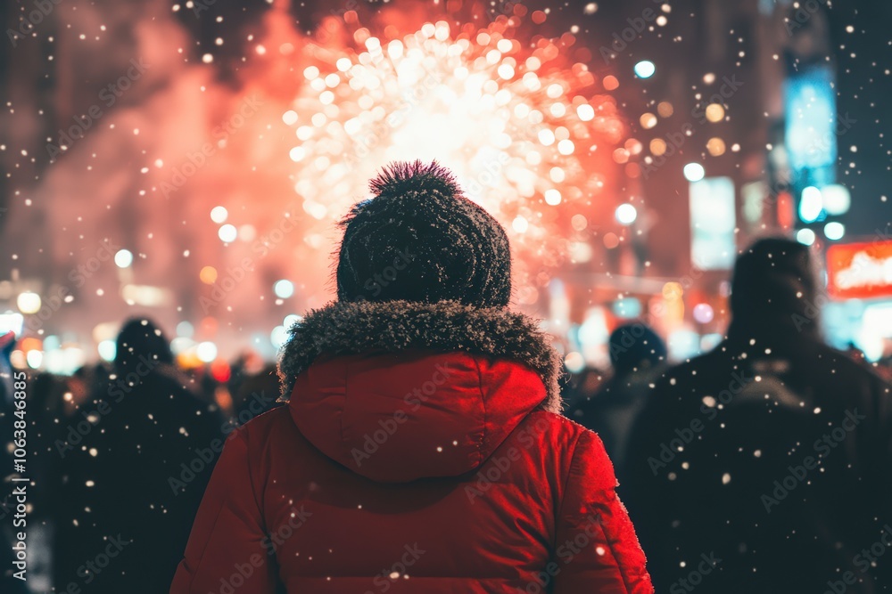 Back view of person in winter jacket watching fireworks Back view of person in winter jacket watching fireworks