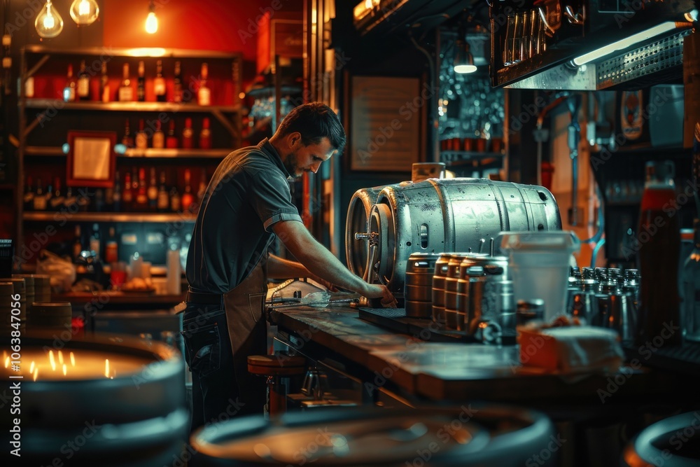 Bartender working behind a bar, pouring beer from a keg. Bartender working behind a bar, pouring beer from a keg.