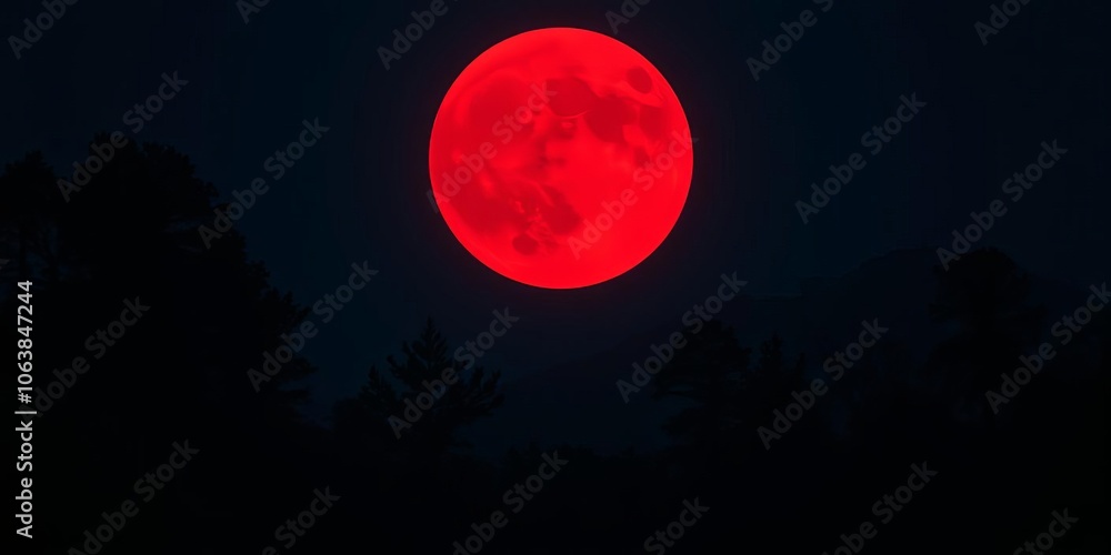 A stunning red moon rising over a dark silhouette of mountains and trees in a mystical night sky, trees, serene A stunning red moon rising over a dark silhouette of mountains and trees in a mystical night sky, trees, serene