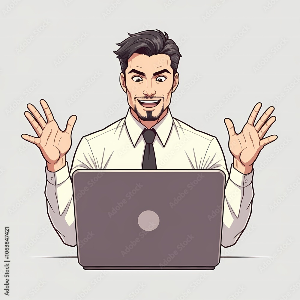 A businessman business executive man looking at working on a laptop notebook computer smiling laughing happy expression fists hands raised excited surprised look on his face success celebration A businessman business executive man looking at working on a laptop notebook computer smiling laughing happy expression fists hands raised excited surprised look on his face success celebration