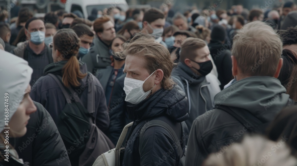 Masked people gather in a bustling urban crowd, embodying resilience in modern societal life. Masked people gather in a bustling urban crowd, embodying resilience in modern societal life.