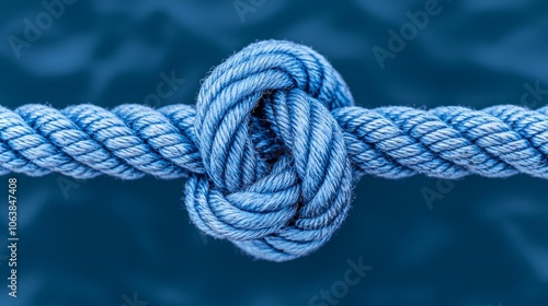 A close-up of a blue rope tied in a knot against a blue water background.