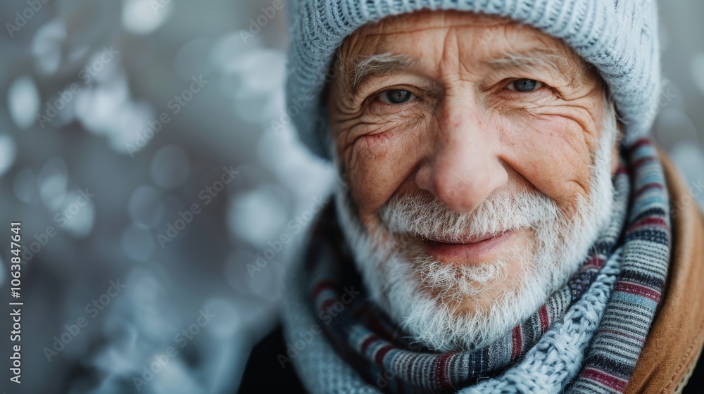 Elderly man with a knitted beanie, smiling warmly in the snow, his cheerful expression exuding warmth and wisdom against a blurry winter background. Elderly man with a knitted beanie, smiling warmly in the snow, his cheerful expression exuding warmth and wisdom against a blurry winter background.