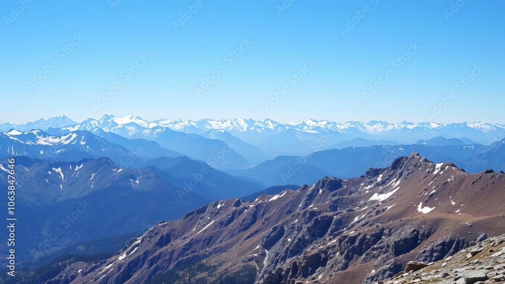 A stunning panoramic view of majestic snow-capped mountains against a clear blue sky, remote, sky A stunning panoramic view of majestic snow-capped mountains against a clear blue sky, remote, sky