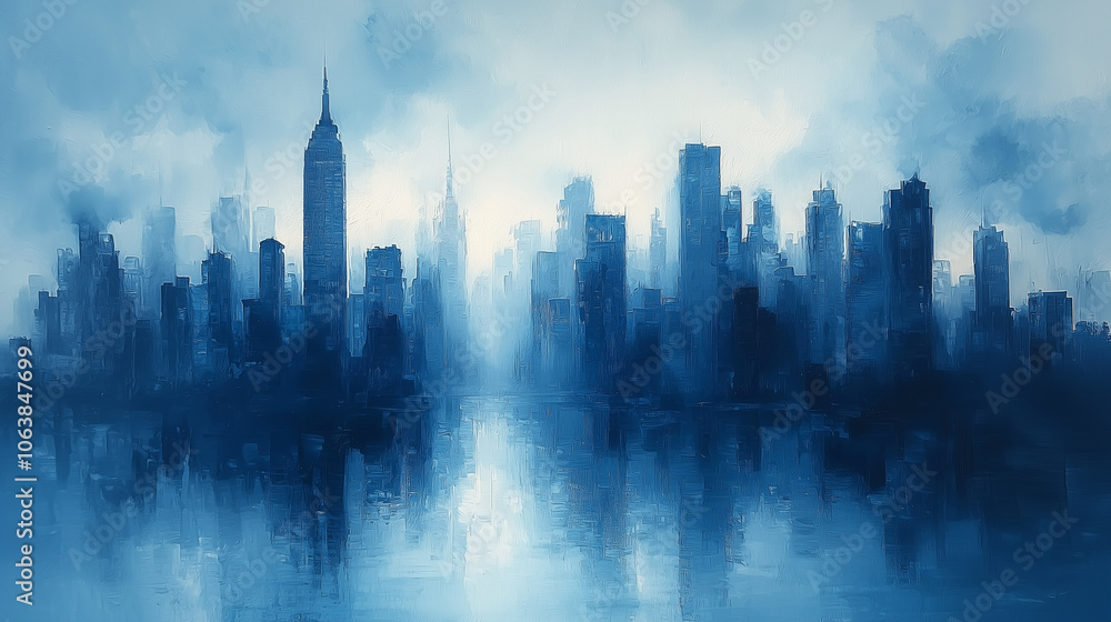 blue cityscape blurred into a dreamlike haze featuring prominent skyscrapers blue cityscape blurred into a dreamlike haze featuring prominent skyscrapers