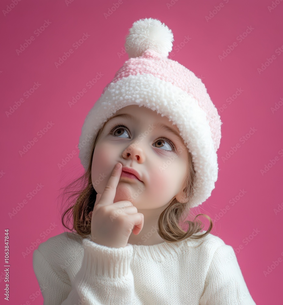 Girl wearing winter hat and thinking with finger on chin Girl wearing winter hat and thinking with finger on chin
