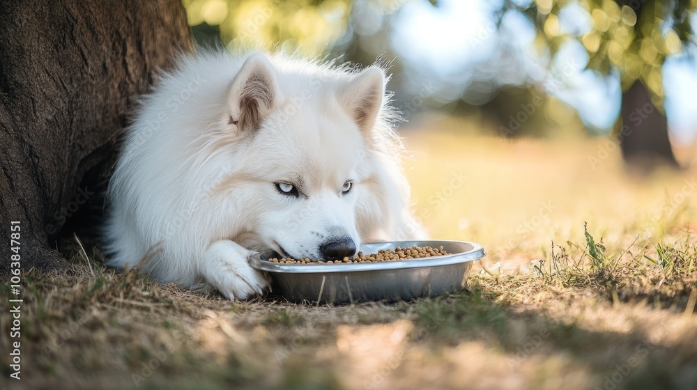Obraz premium white samoyed dog eating food in the park
