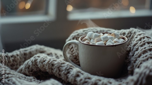 A steaming cup of hot chocolate topped with marshmallows sits cozily nestled in a chunky knit blanket by a window, evoking warmth and comfort. photo