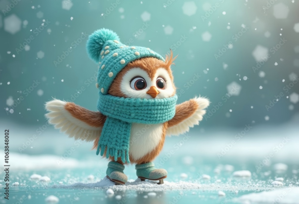 Cute baby snowy owl skating on ice with a joyful expression in winter wonderland Cute baby snowy owl skating on ice with a joyful expression in winter wonderland