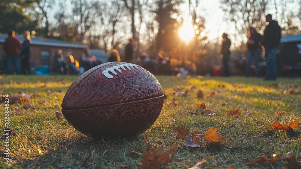 American Football on Green Grass Field with Fall Leaves and Blurred People in the Backgrou American Football on Green Grass Field with Fall Leaves and Blurred People in the Backgrou