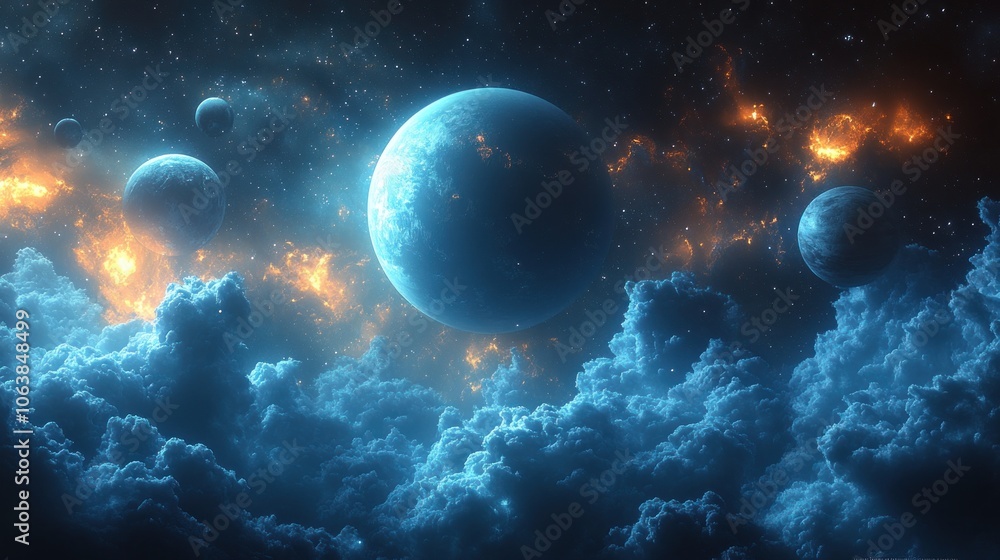 Planets drift in a cosmic space of colorful clouds and glowing elements Planets drift in a cosmic space of colorful clouds and glowing elements