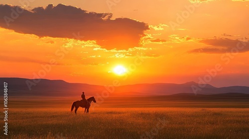 A lone cowboy on horseback silhouetted against a dramatic sunset over a vast, golden field.