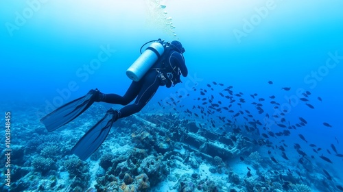 A scuba diver explores a coral reef teeming with marine life, including a sunken ship.