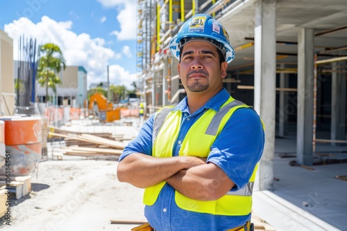 construction worker in high visibility vest and helmet photo