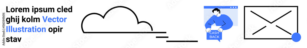 Cloud shape with text, human holding a package, envelope outline with blue dot. Ideal for websites, apps, tutorials, presentations, flyers, branding, and educational content. Landing page Cloud shape with text, human holding a package, envelope outline with blue dot. Ideal for websites, apps, tutorials, presentations, flyers, branding, and educational content. Landing page