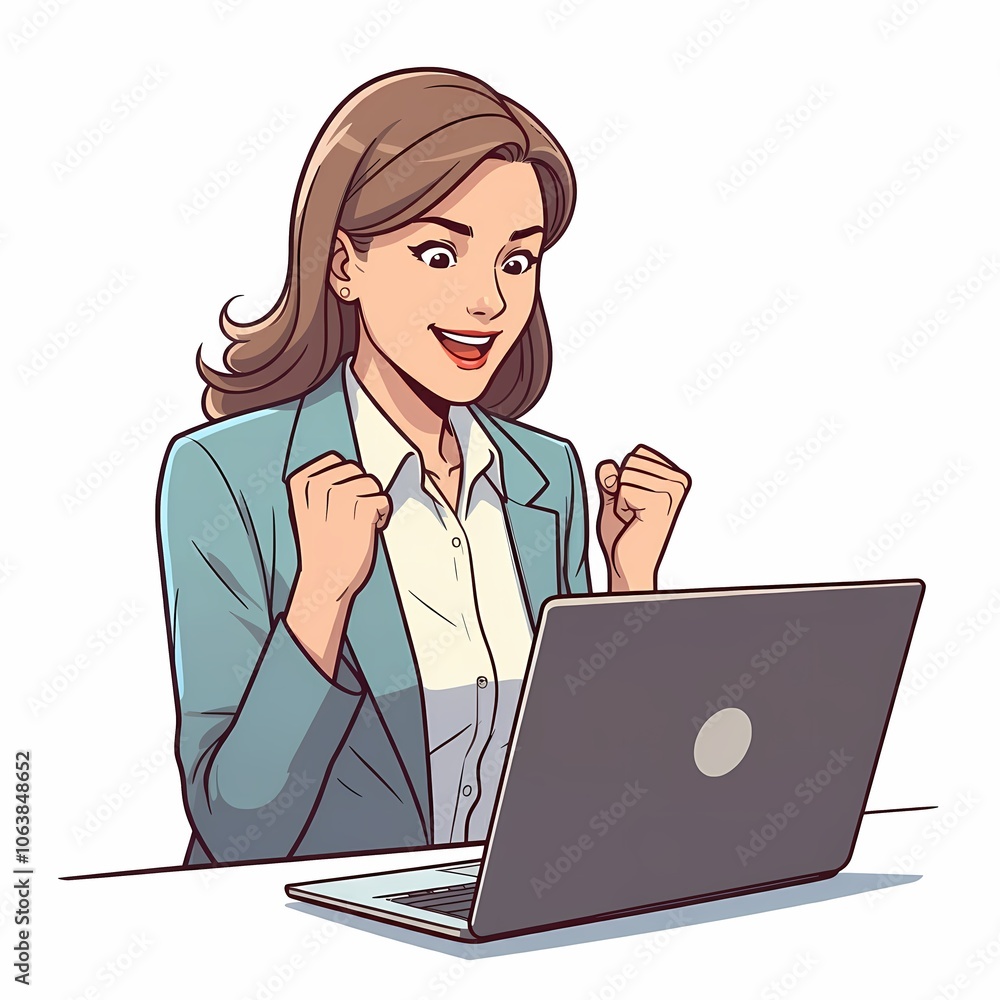 A businesswoman business executive woman looking at working on a laptop computer smiling laughing happy expression fists hands raised excited triumphant look on her face celebration A businesswoman business executive woman looking at working on a laptop computer smiling laughing happy expression fists hands raised excited triumphant look on her face celebration