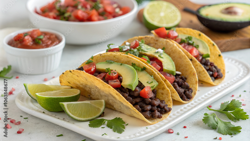 Enjoy delicious black bean tacos topped with fresh salsa and avocado slices, perfect for a healthy lunch or dinner. Generative AI Enjoy delicious black bean tacos topped with fresh salsa and avocado slices, perfect for a healthy lunch or dinner. Generative AI