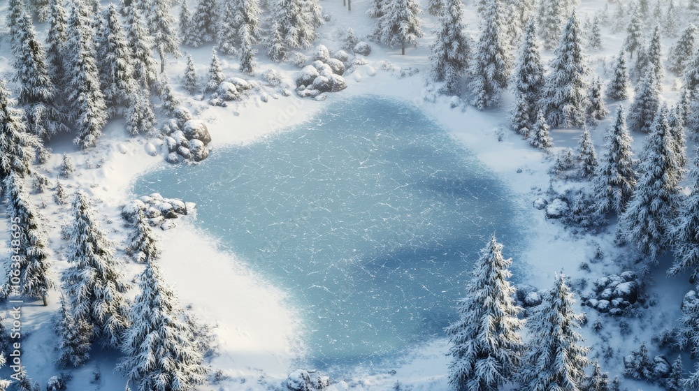 An aerial view of a frozen lake surrounded by snow-covered trees, capturing the serene and peaceful winter landscape. An aerial view of a frozen lake surrounded by snow-covered trees, capturing the serene and peaceful winter landscape.