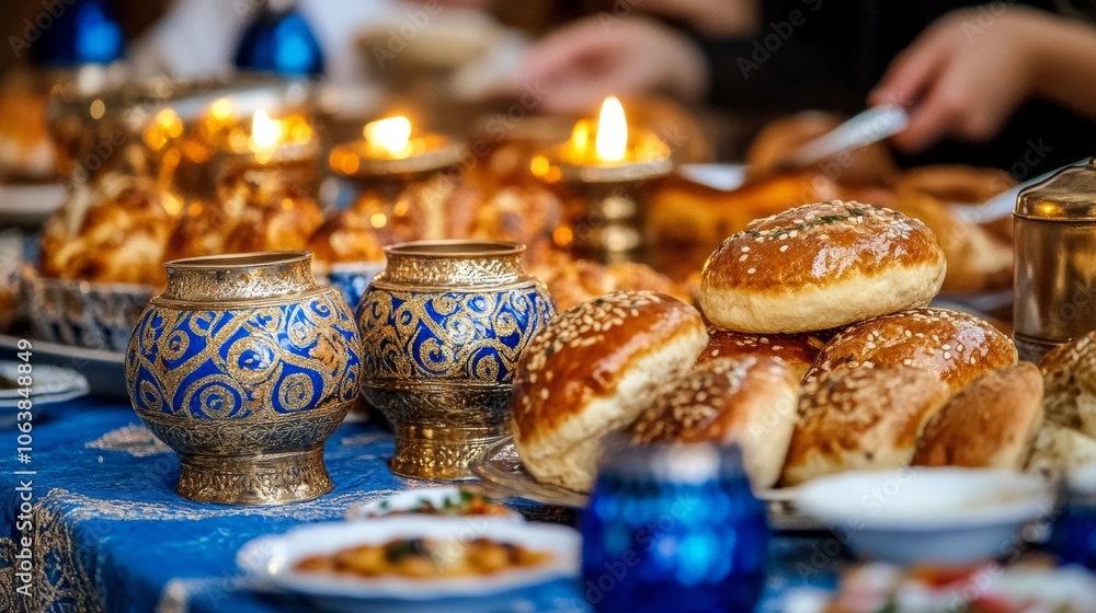 Traditional Middle Eastern Bread Pottery and Candlelight on a Table Setting Traditional Middle Eastern Bread Pottery and Candlelight on a Table Setting