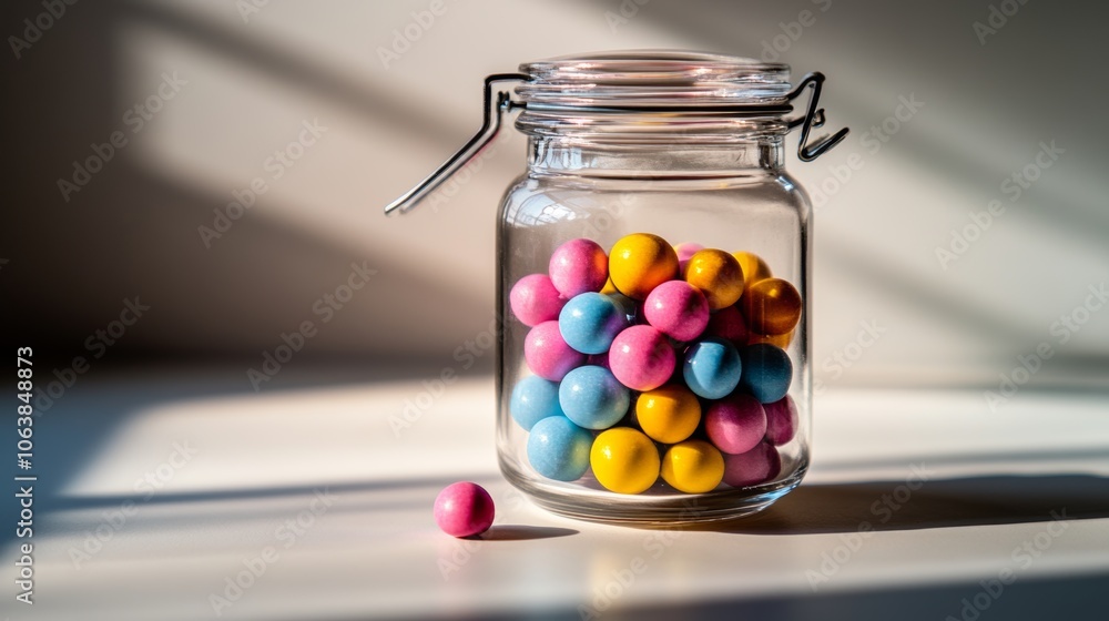 Colorful Candy Balls in Glass Jar with White Background Colorful Candy Balls in Glass Jar with White Background