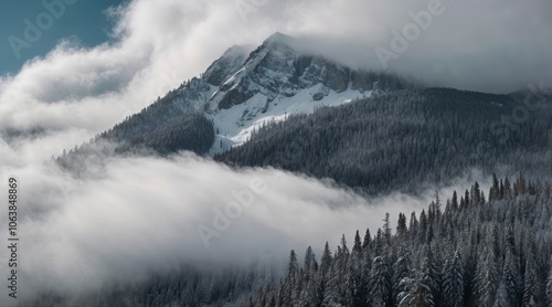 A mountain shrouded in mist, surrounded by dense pine forests